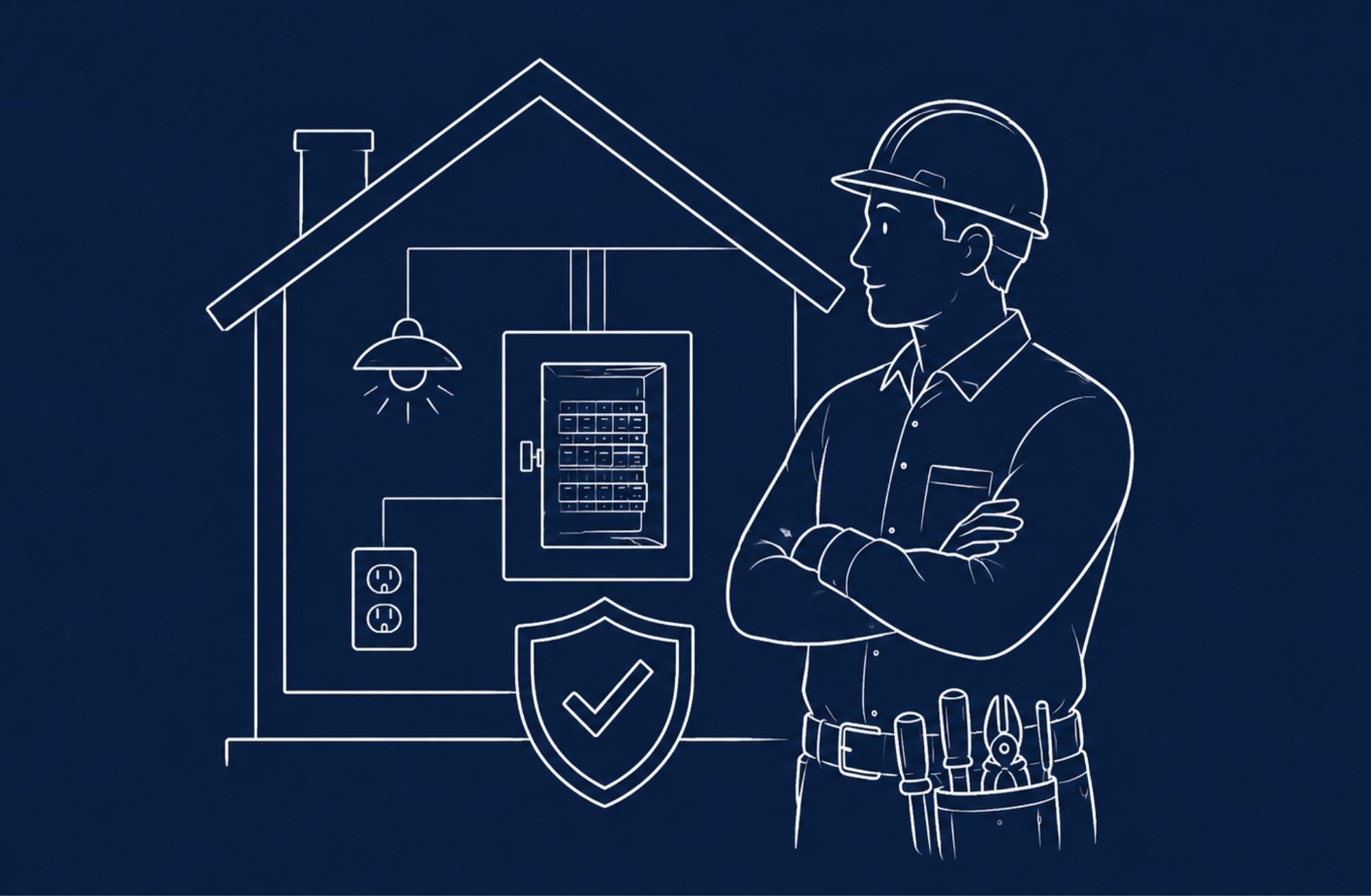 Licensed electrician standing beside a home electrical panel and safety shield illustration