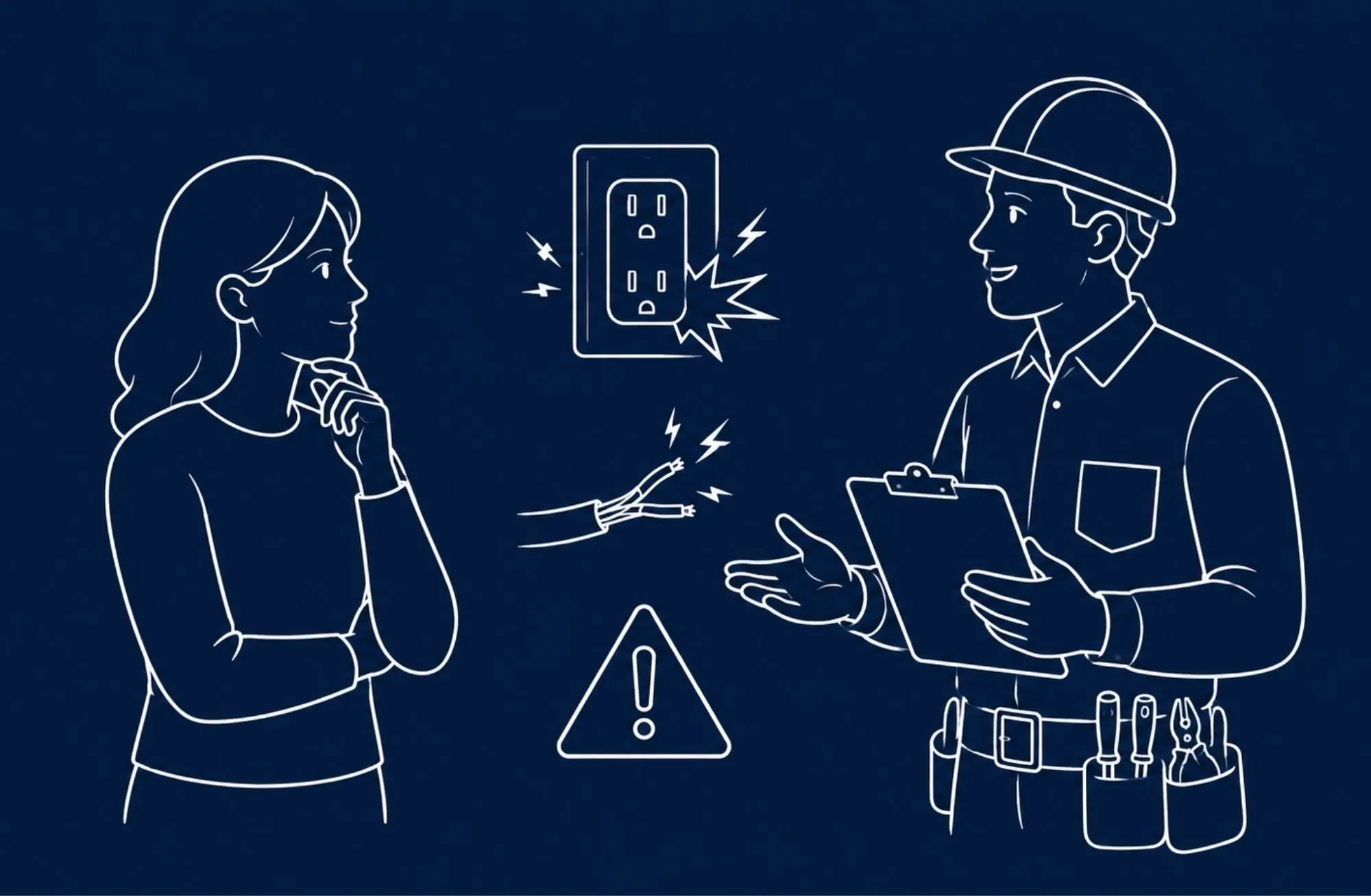 Homeowner, electrician, outlet, and warning symbols
